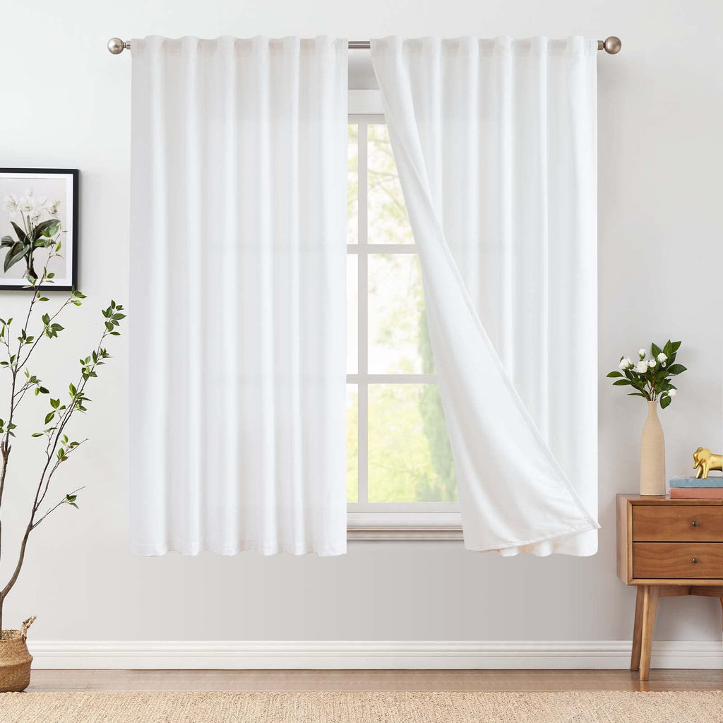 Jinchan Linen Blend White Curtains 63 Inch Length For Living Room Farmhouse Rod Pocket Back Tab Light Filtering Window Drapes With Lined For Bedroom Off White 2 Panels