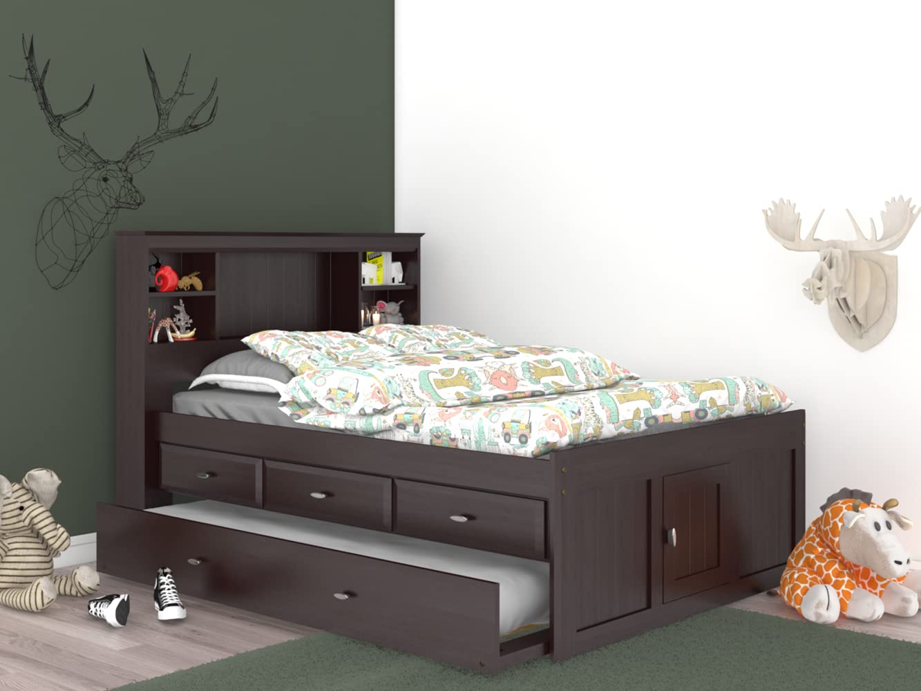 OS Home and Office Furniture Model 82921K3-22 Full Size Bookcase Bed with Three Drawers and Twin Sized Trundle in Dark Espresso