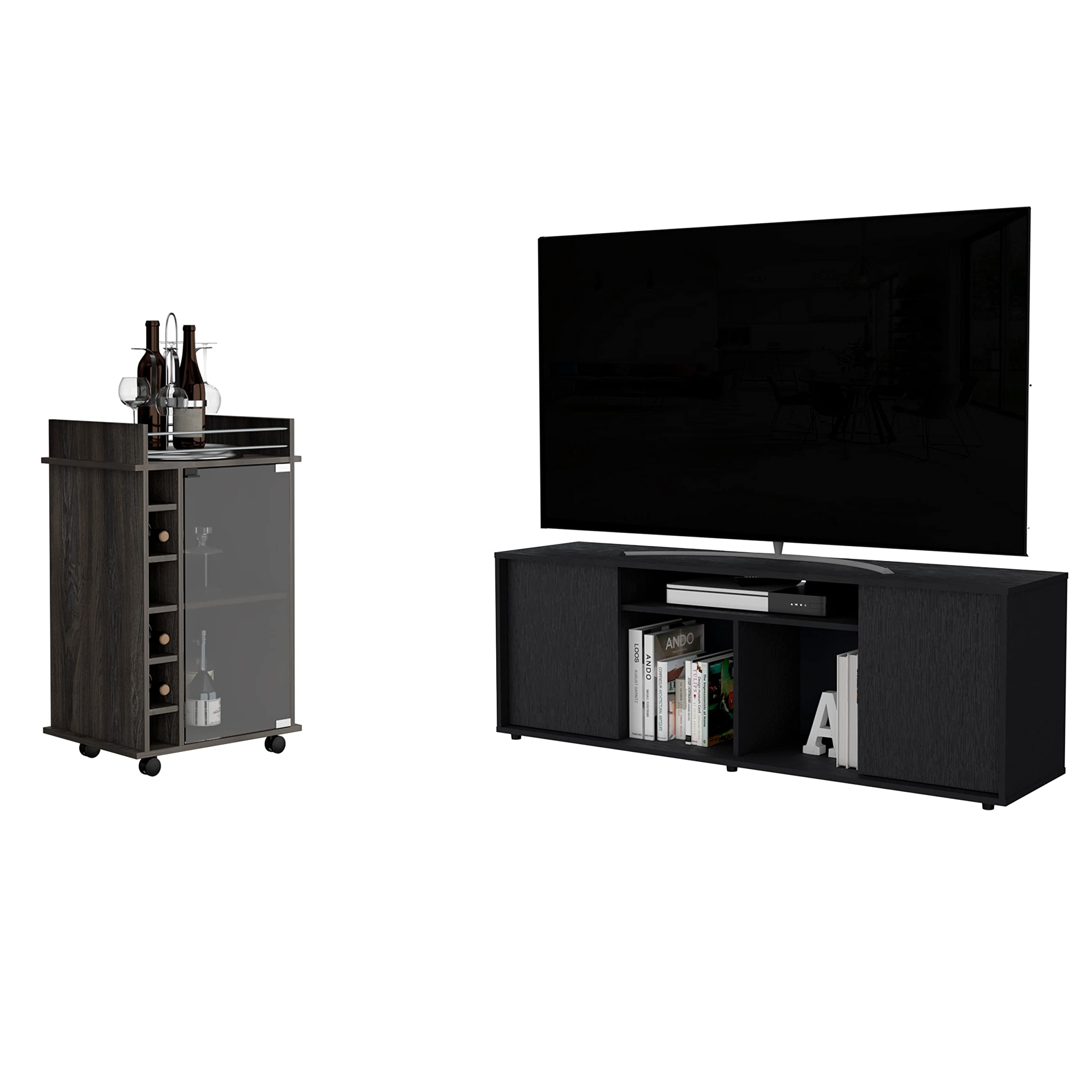 Harvey 2 Piece Living Room Set, Tv Stand + Bar Cart, Black/Espresso