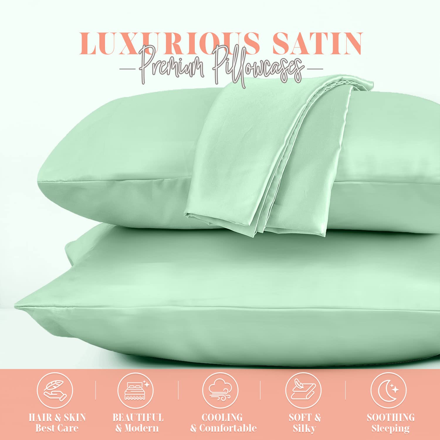Elegant Comfort Silky And Luxurious 2-Piece Satin Pillowcase Set For Healthier Skin And Hair, Hidden Zipper Closure And Beautifully Packaged, Satin Pillowcase Set, King, Mint Green