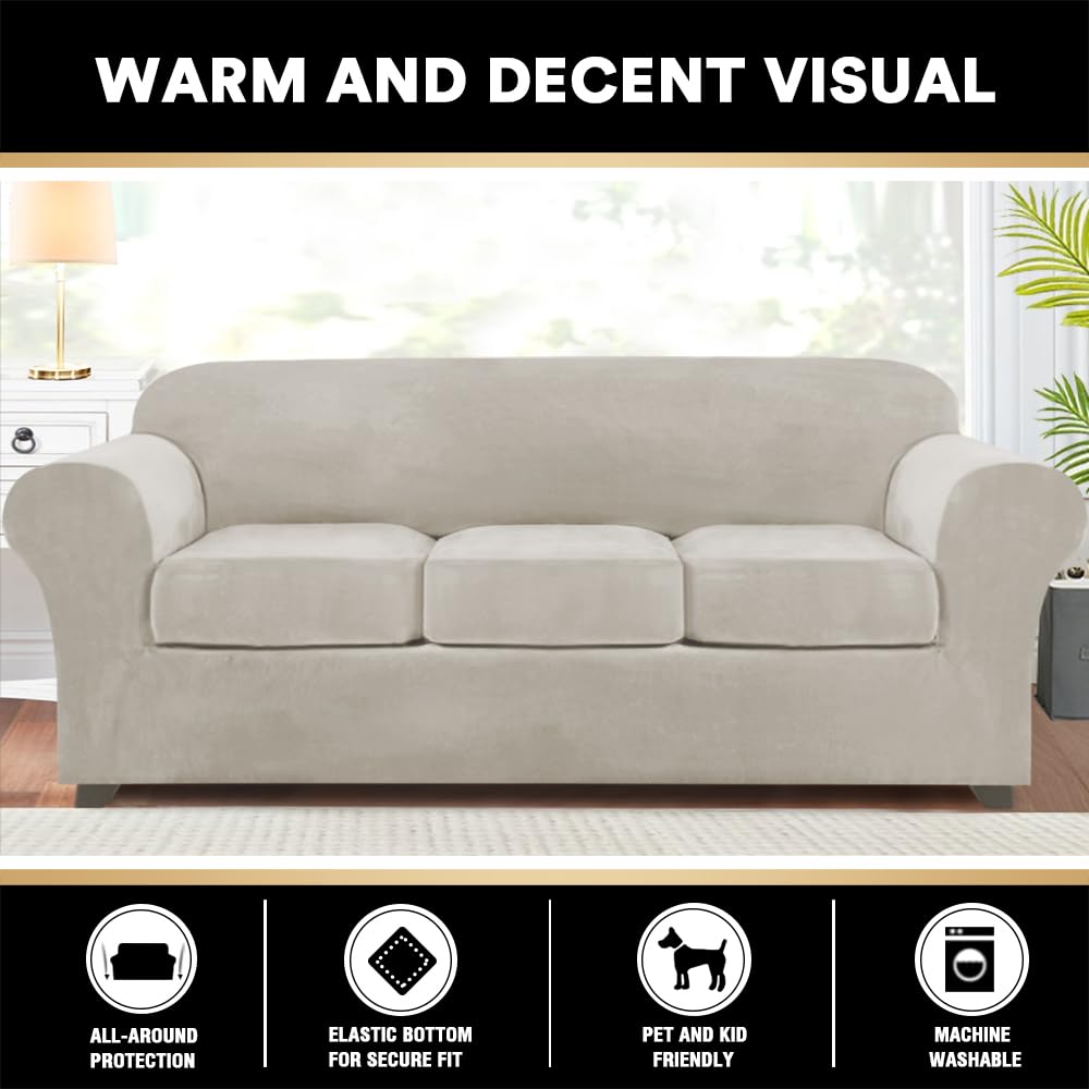 Princedeco Couch Cover Velvet Sofa Cover 4 Pieces Couch Covers For 3 Cushion Couch Sofa Pet Friendly Sofa Covers Washable Couch Covers With Non Slip Elastic Bottom(Large, Oatmeal)