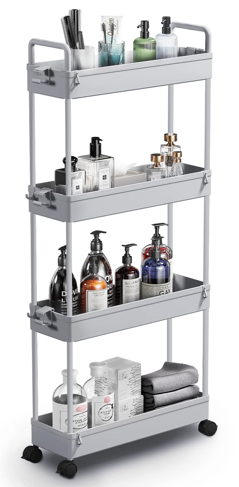 Solejazz Slim Storage Cart, 4 Tier Bathroom Organizer Mobile Shelving Unit, Rolling Utility Cart Slide Out Organizer For Kitchen, Bathroom, Laundry, Narrow Places, Gray