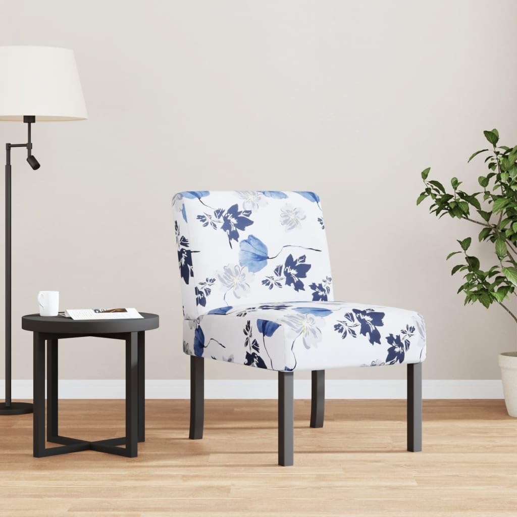 vidaXL Blue Floral Patterned Upholstered Slipper Chair, Modern Style Decorative Lounge Chair with Durable Fabric, Sturdy Frame and Comfortable Padding