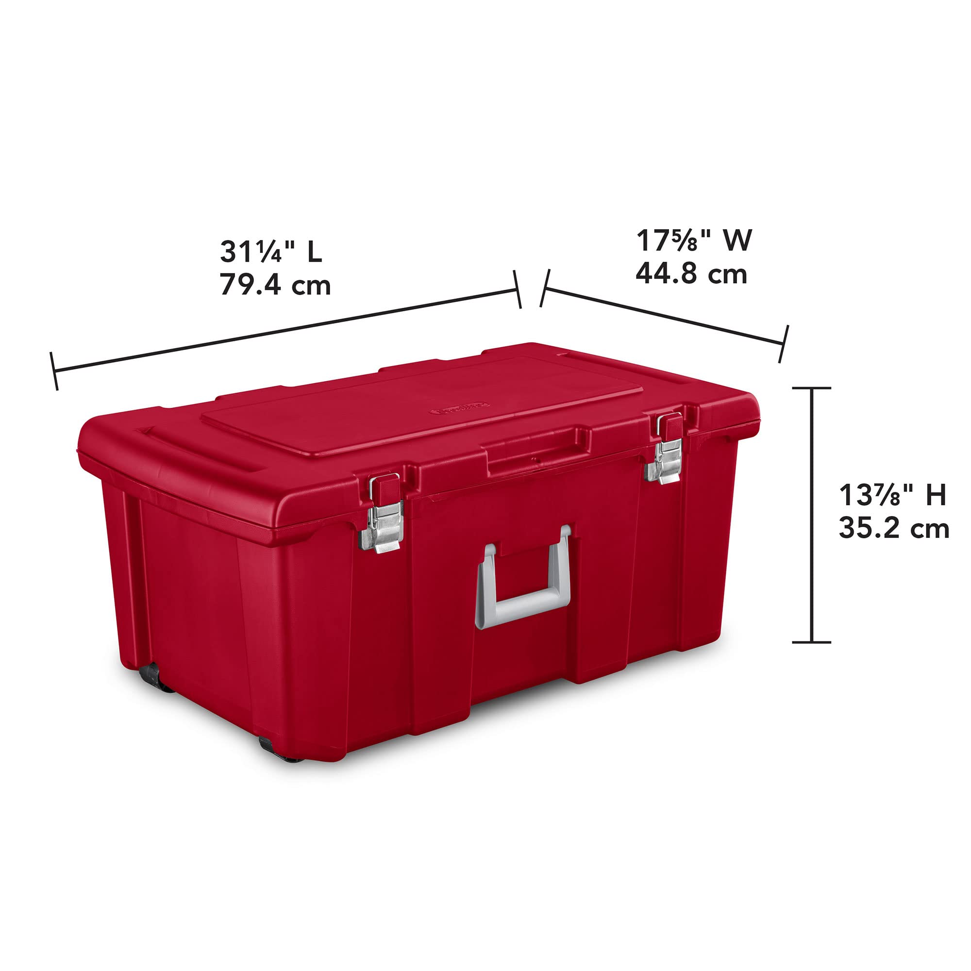 Sterilite 23 Gallon Lockable Storage Tote Footlocker Toolbox Container Box With Wheels, Handles, Metal Hinges, And Latches, Infr