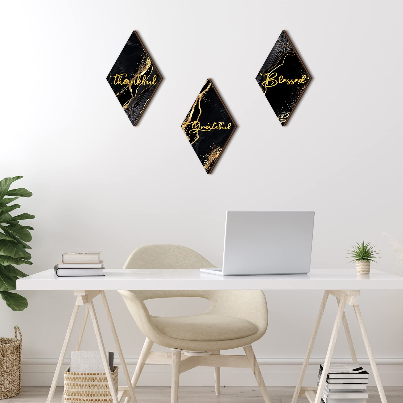 Qunclay 3 Pcs Marble Style Bathroom Wall Decor Thankful Grateful Blessed Wall Decor Black And Gold Farmhouse Rustic Art Wall Dec