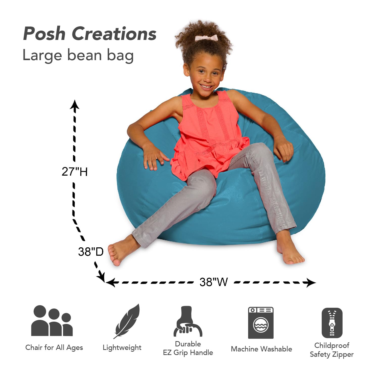 Posh Creations Bean Bag Chair For Kids, Teens, And Adults Includes Removable And Machine Washable Cover, Heather Teal, 38In - Large