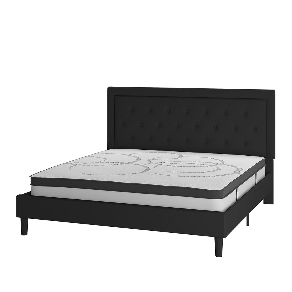 Flash Furniture Roxbury King Size Tufted Upholstered Platform Bed In Black Fabric With 10 Inch Certipur-Us Certified Pocket Spring Mattress