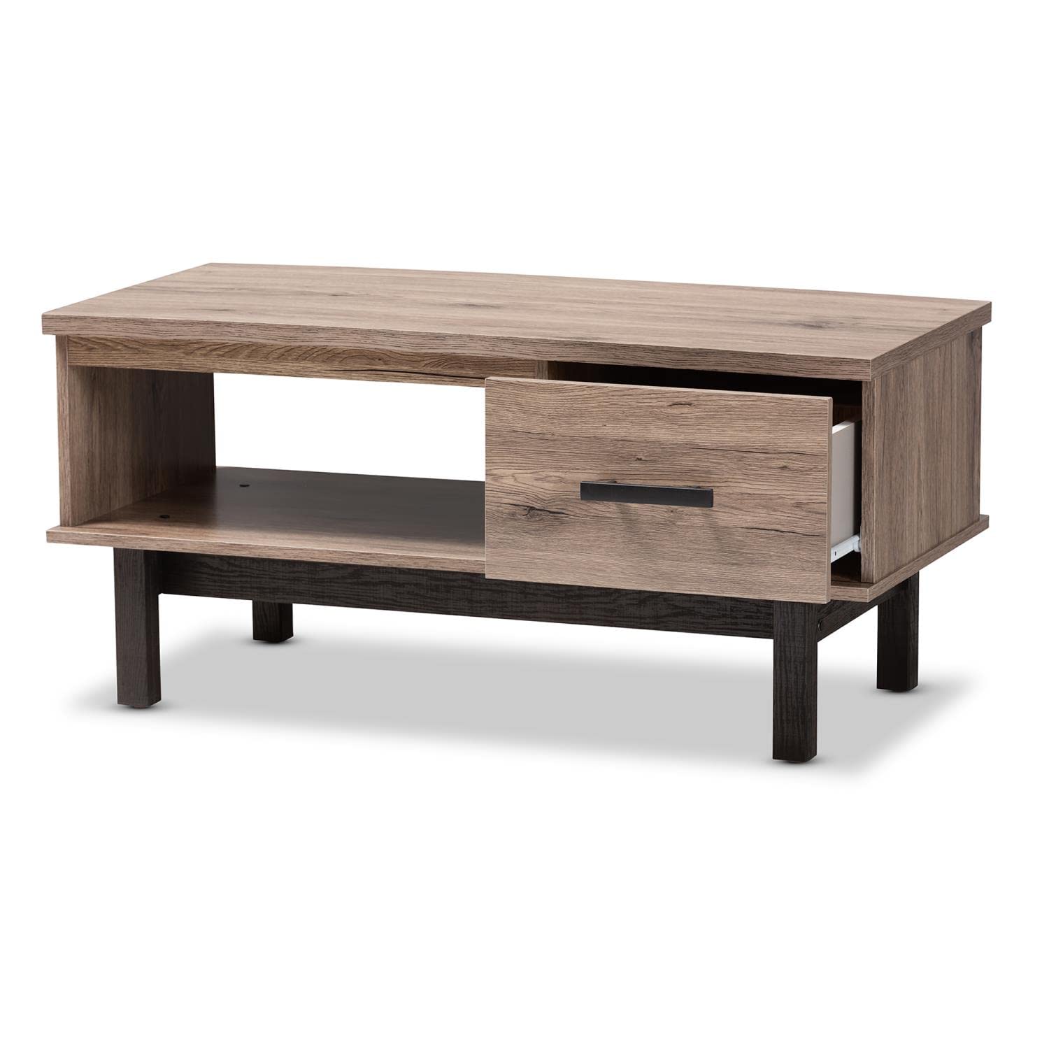 Baxton Studio Arend Two-Tone Oak Wood 1-Drawer Coffee Table in Brown and Black