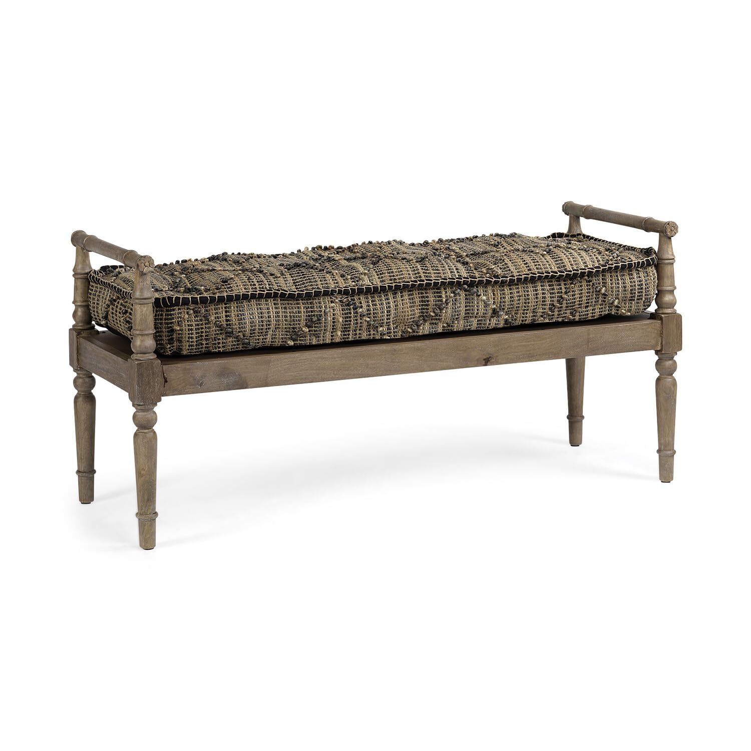 HomeRoots Rectangular Indian Mango Wood/Light Brown and Grey W/Jute Patterned Top Accent Bench