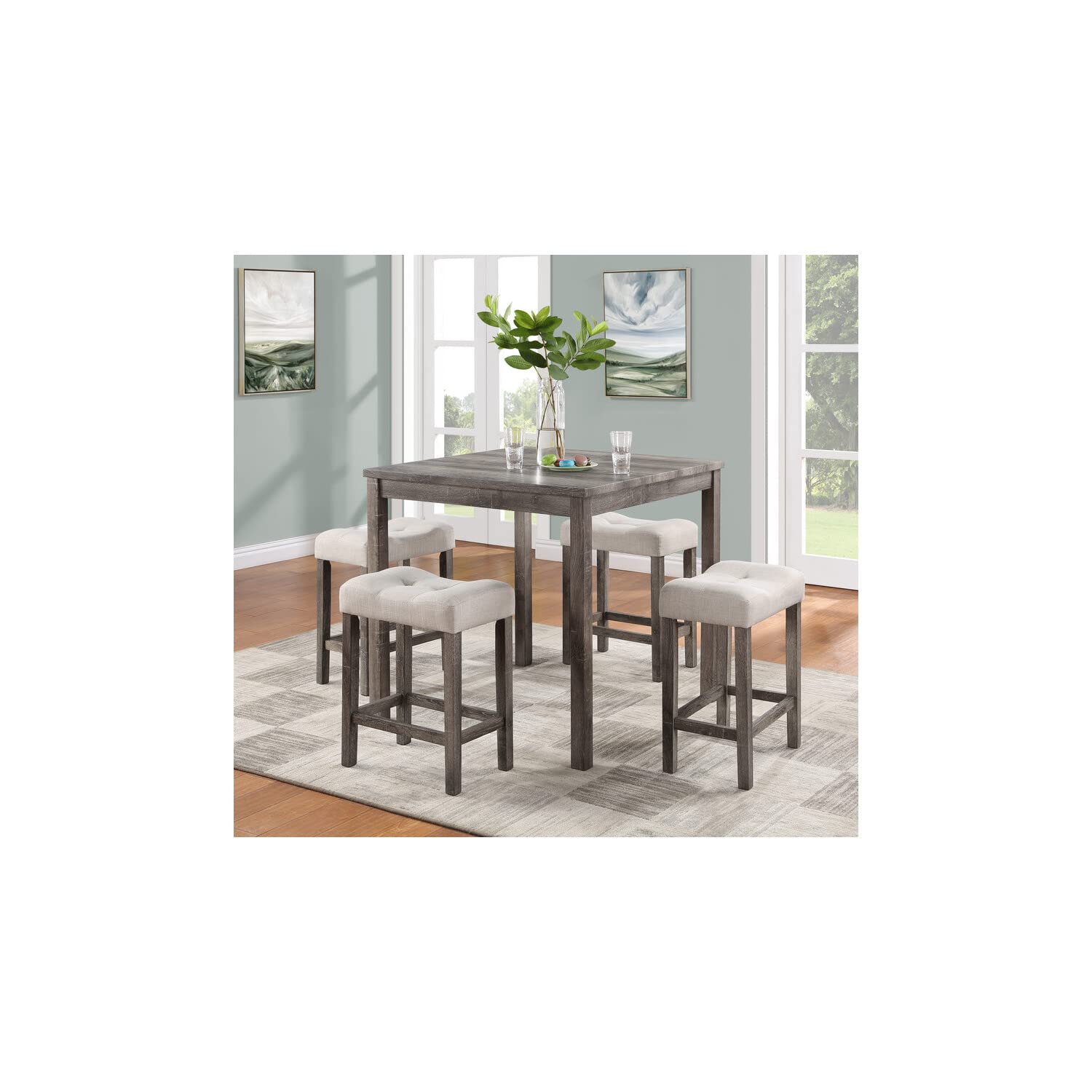 Lilola Home Lucian Brown 5 Piece Counter Height 36" Pub Table Set with Tufted Creamy White Linen Stools