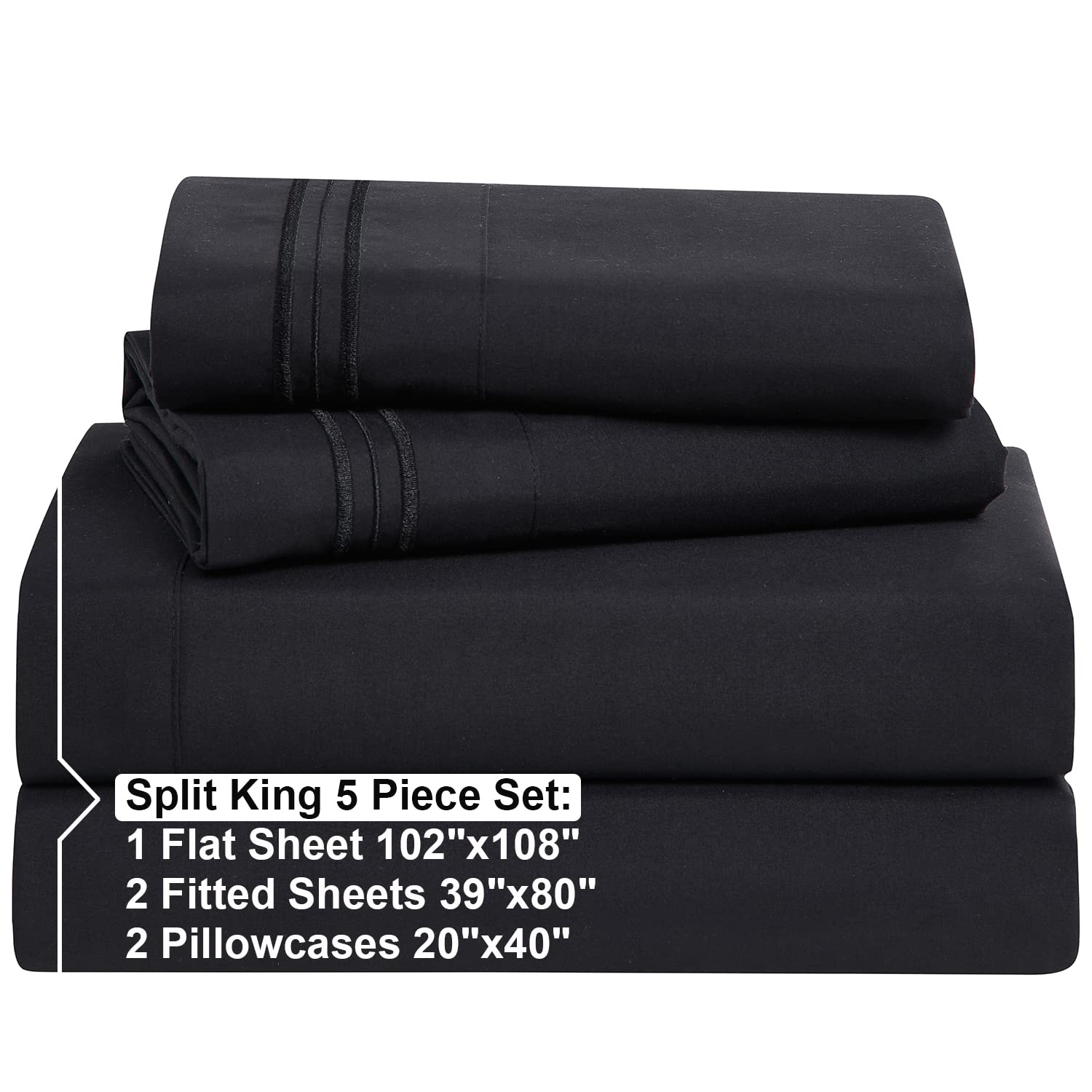 Nestl Split King Sheets Sets For Adjustable Bed - 5 Piece Split King Sheet Set, Double Brushed Split King Sheets, Hotel Luxury Black Sheets, Extra Soft Bedding Sheets & Pillowcases