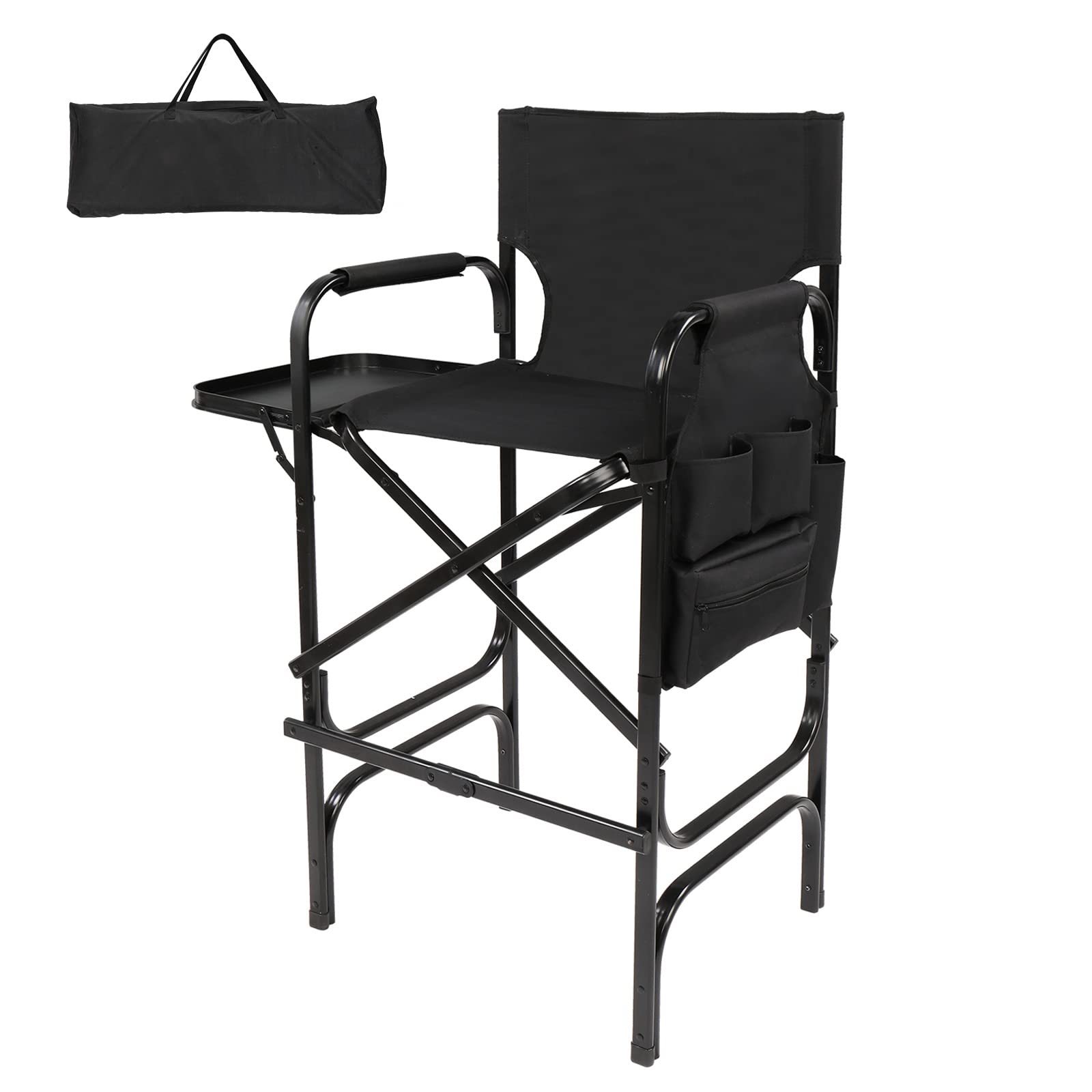 mefeir 30 Tall Directors Chair Black Folding with Side Table Storage Bag,Portable Makeup Artist Bar Height, Aluminum Frame 300 l