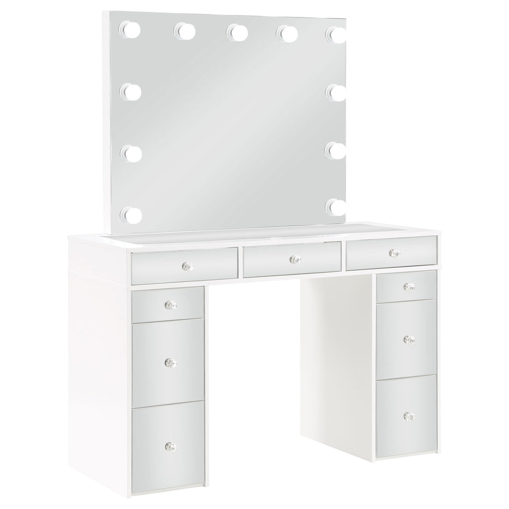 Coaster Home Furnishings Regina Contemporary 3-Piece 9-Drawer Mirrored Makeup Vanity Desk with Hollywood Vanity Mirror for Bedroom with Grey Velvet Upholstered Stool White 930245