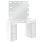 Coaster Home Furnishings Regina Contemporary 3-Piece 9-Drawer Mirrored Makeup Vanity Desk with Hollywood Vanity Mirror for Bedroom with Grey Velvet Upholstered Stool White 930245