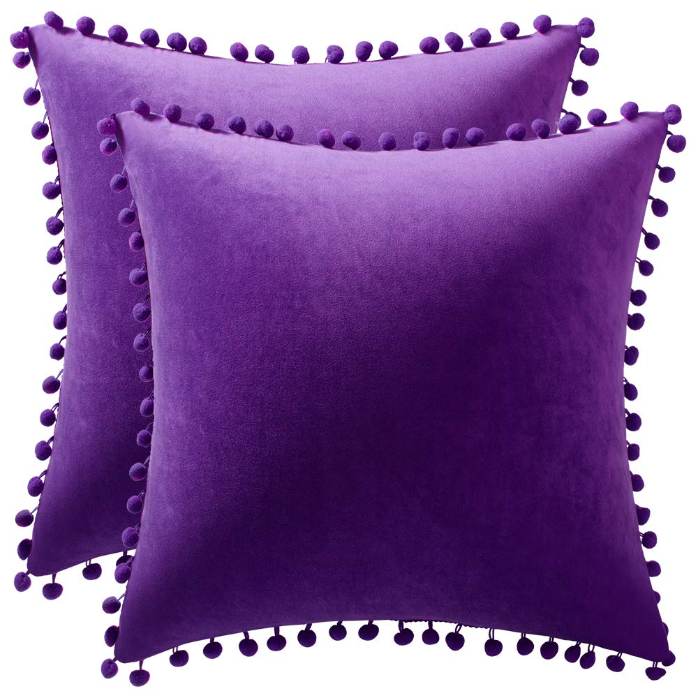 Dezene 16X16 Throw Pillow Cases Purple: 2 Pack Cozy Soft Pom-Poms Velvet Square Decorative Pillow Covers For Farmhouse Home Deco