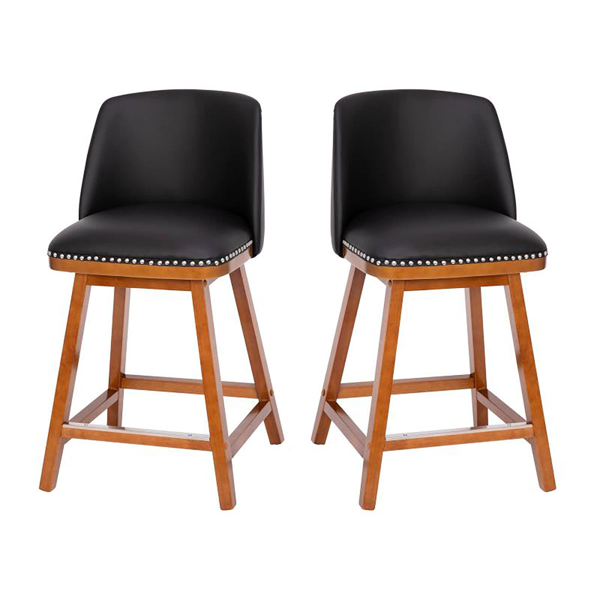 Flash Furniture Julia Set of 2 Transitional Counter Stools - Black LeatherSoft Upholstery - Silver Nailhead Trim - 24 Inch - Walnut Finish Wood Frames