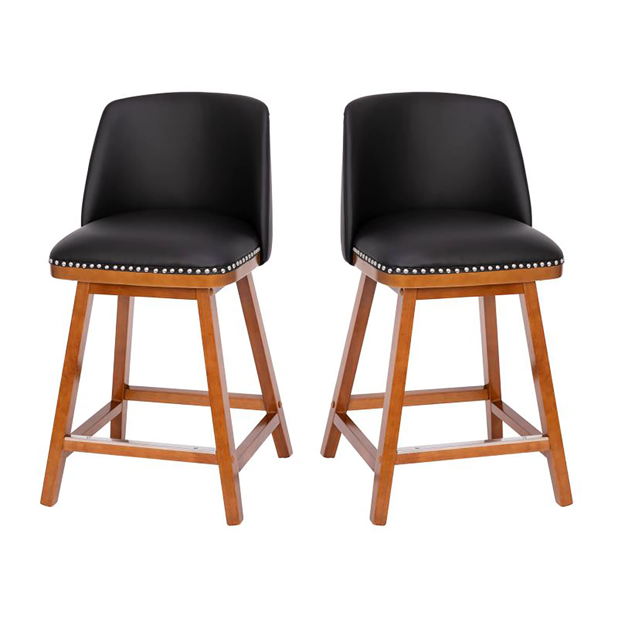 Flash Furniture Julia Set of 2 Transitional Counter Stools - Black LeatherSoft Upholstery - Silver Nailhead Trim - 24 Inch - Walnut Finish Wood Frames