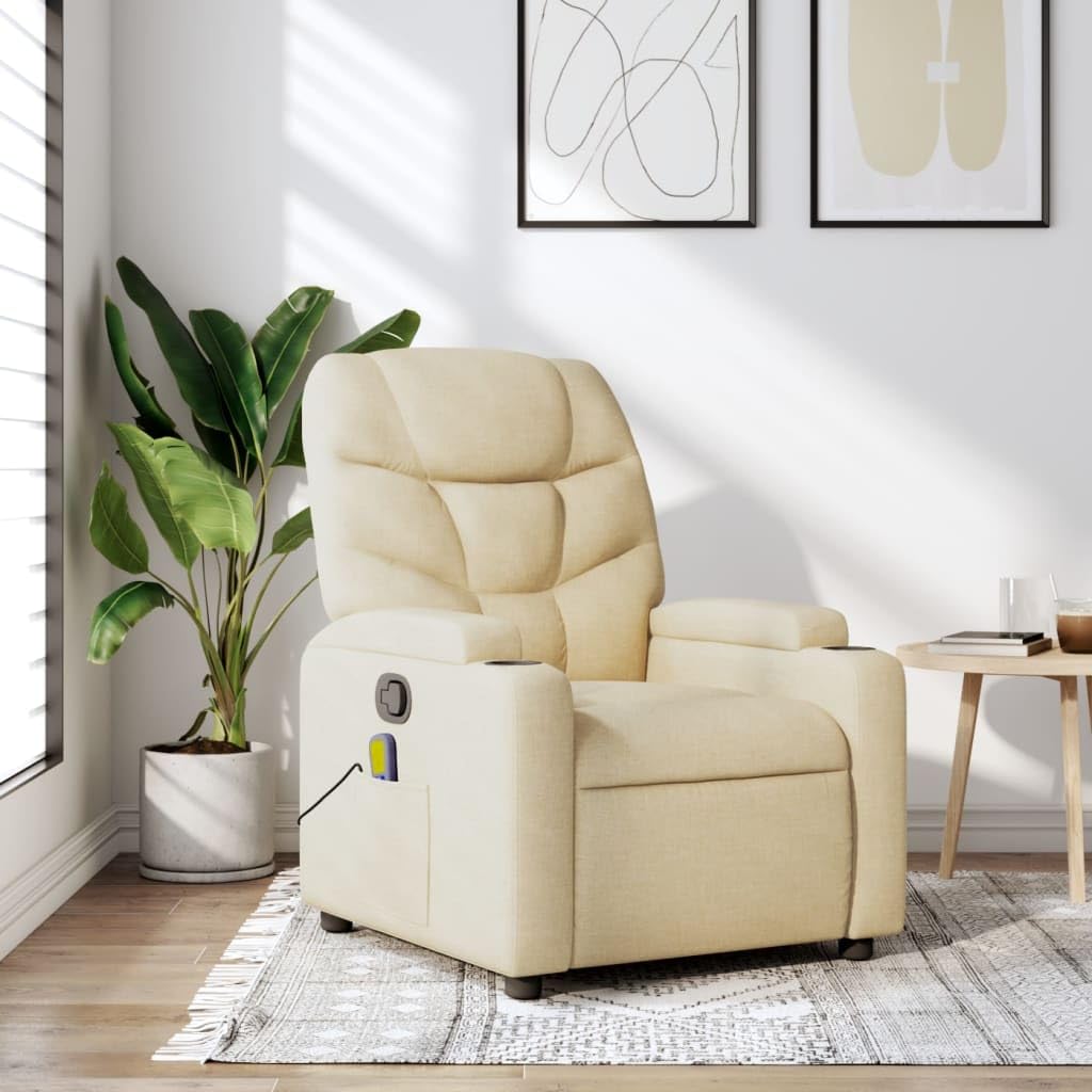 vidaXL Massage Recliner Chair - Cream Fabric, 6-Point Vibration, Manual Handle, Cup Holders - Living Room Lounge Seating