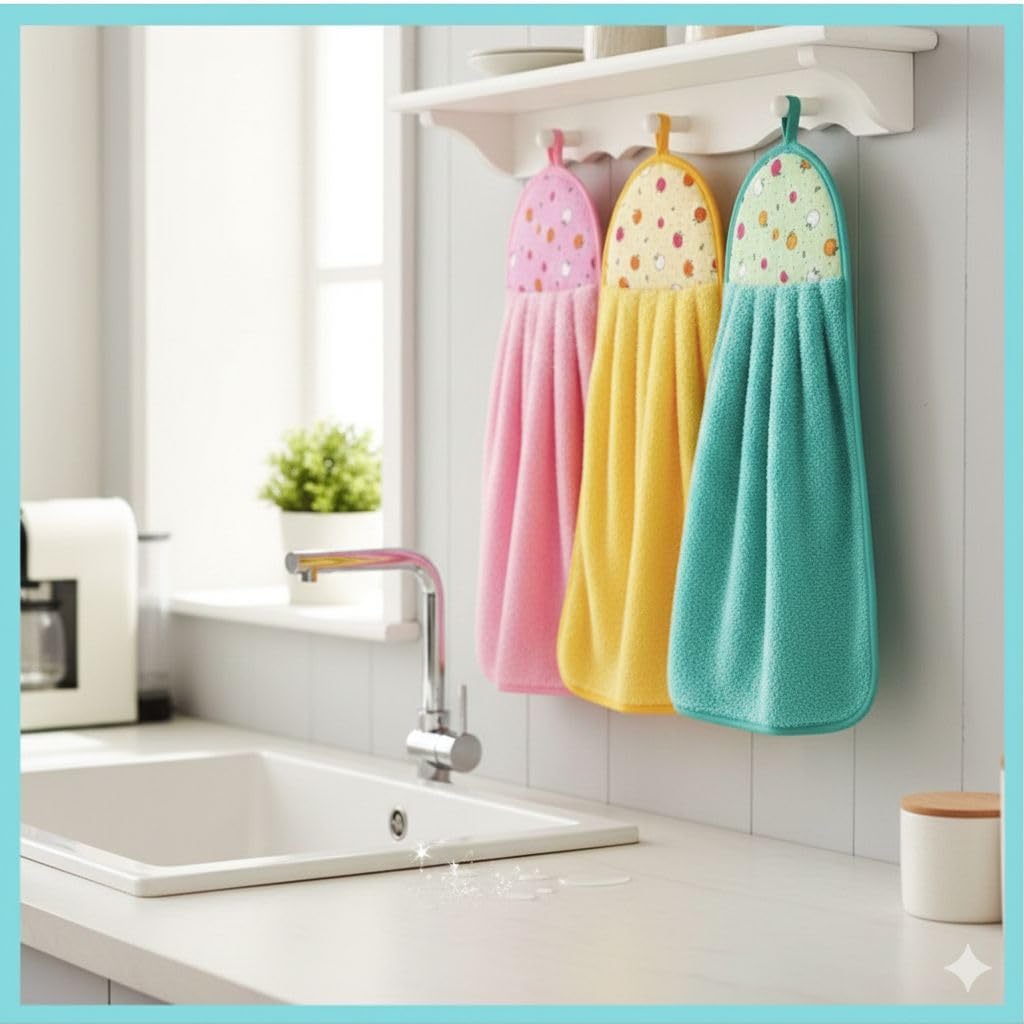 DEEPTI CHANDNA DESIGNS 3 pc Microfiber Hand Towel with Hanging Loop | Sink Towel with Hanging Loop | Wash Basin Hanging Hand Tow