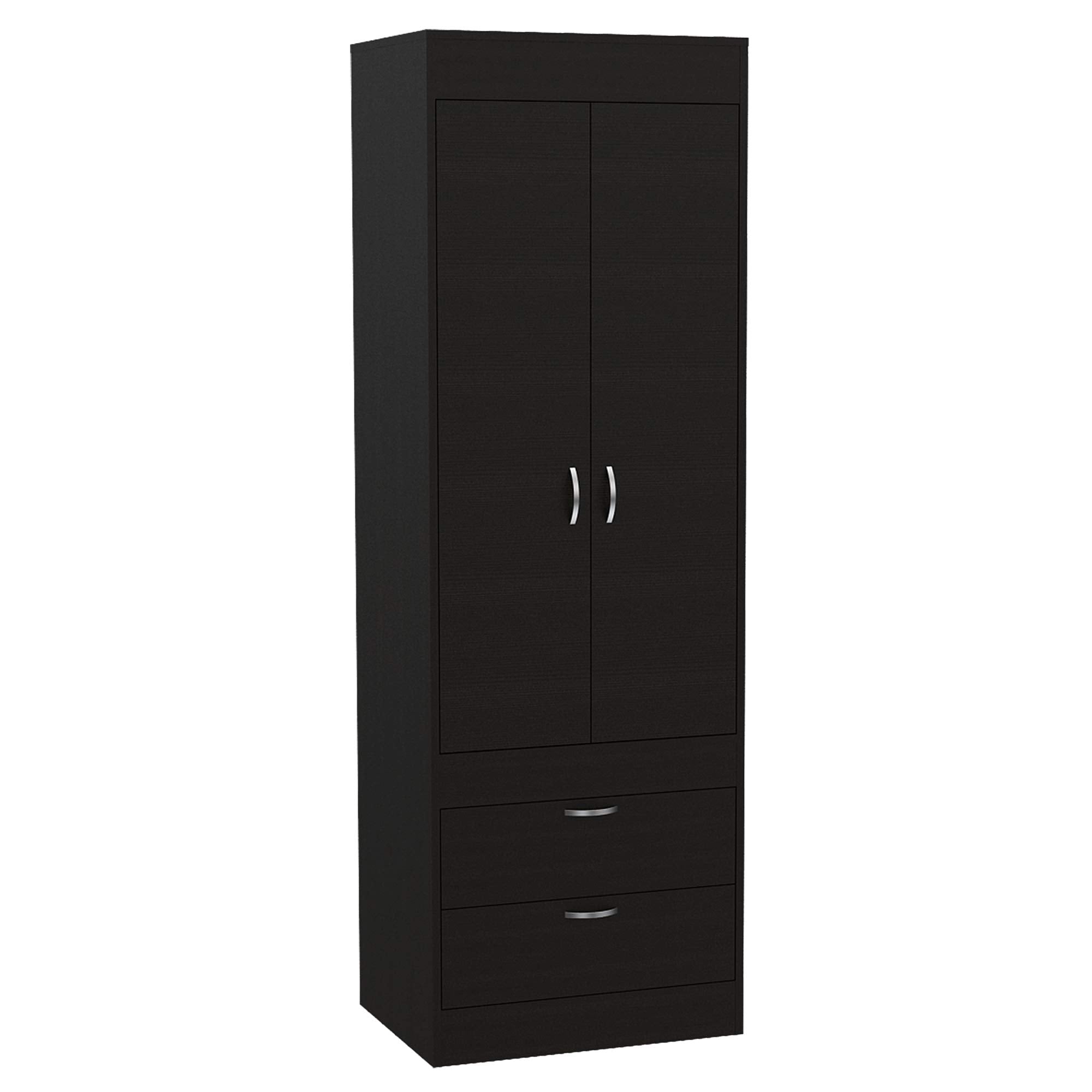 Armoire 70H, Double Door Cabinet, 2 Drawers, Metal Handles, Rod, Black