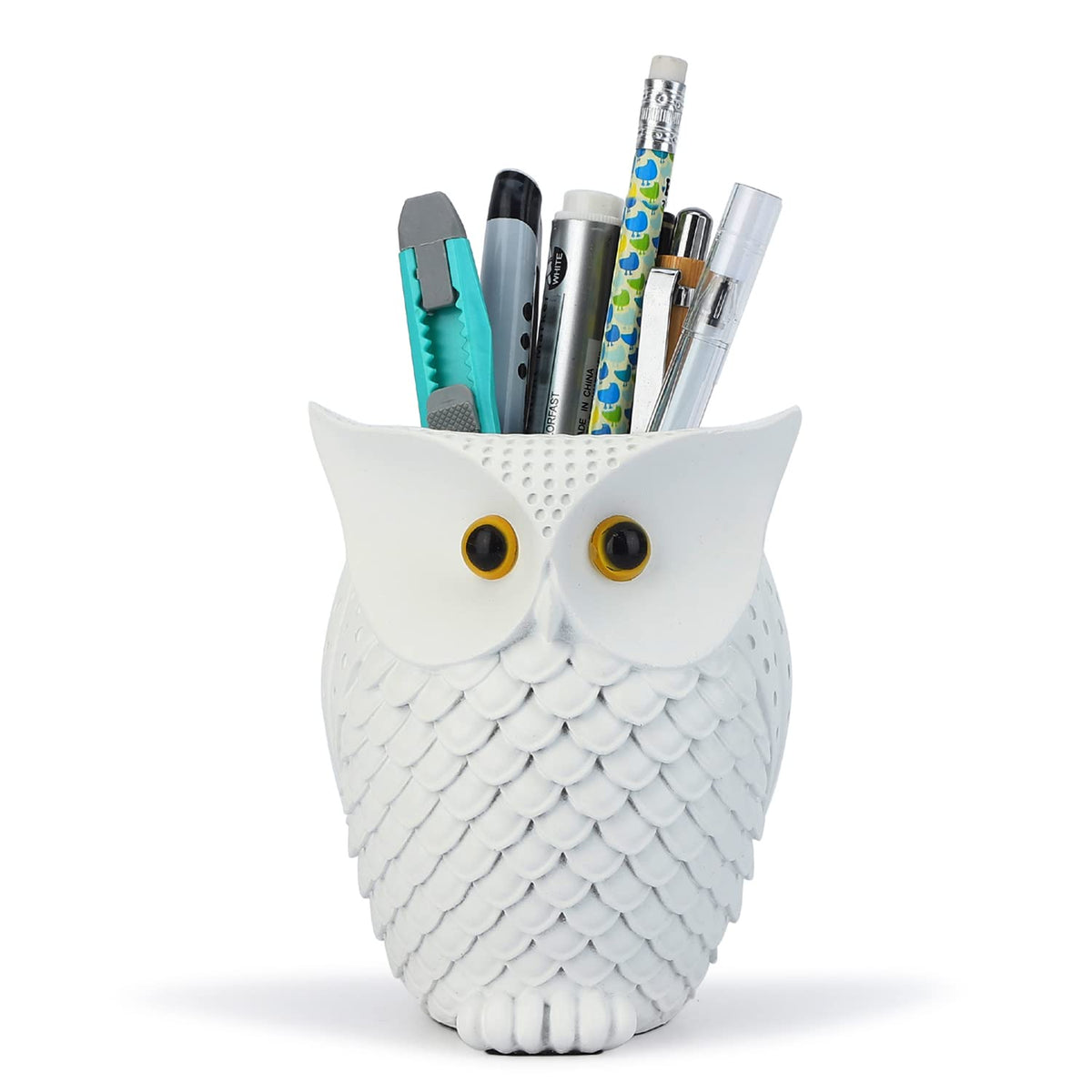 Hdmbigmi Owl Pen Holder Makeup Brush Holder Resin Desk Organizer For Office,School And Home (White)