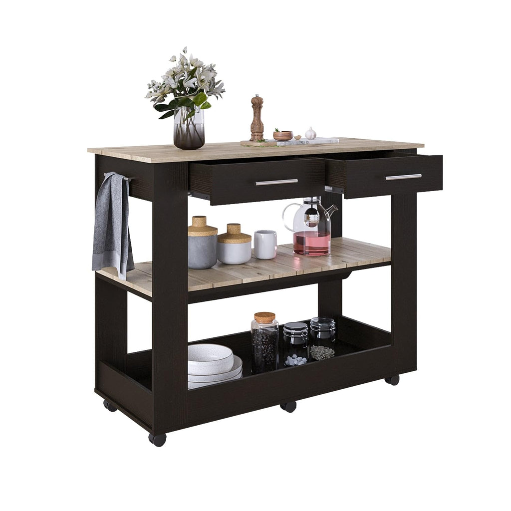 Kitchen Island 46 Inches Dozza, Two Drawers - Black/Light Oak
