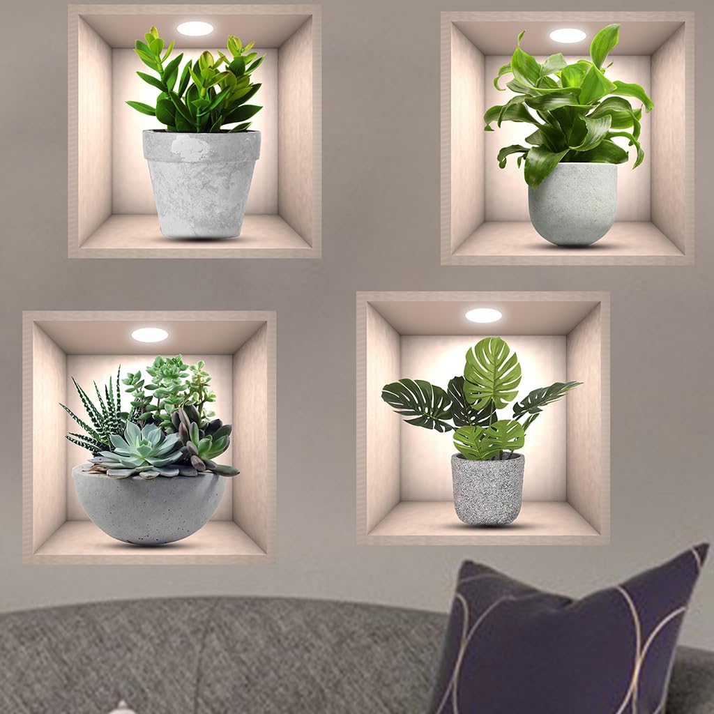 3D Green Plants Wall Sticker,4pcs 3D Vases Flower Wall Stickers Decals for Living Room Bedroom Kitchen Decor,3D Green Pot Plant 