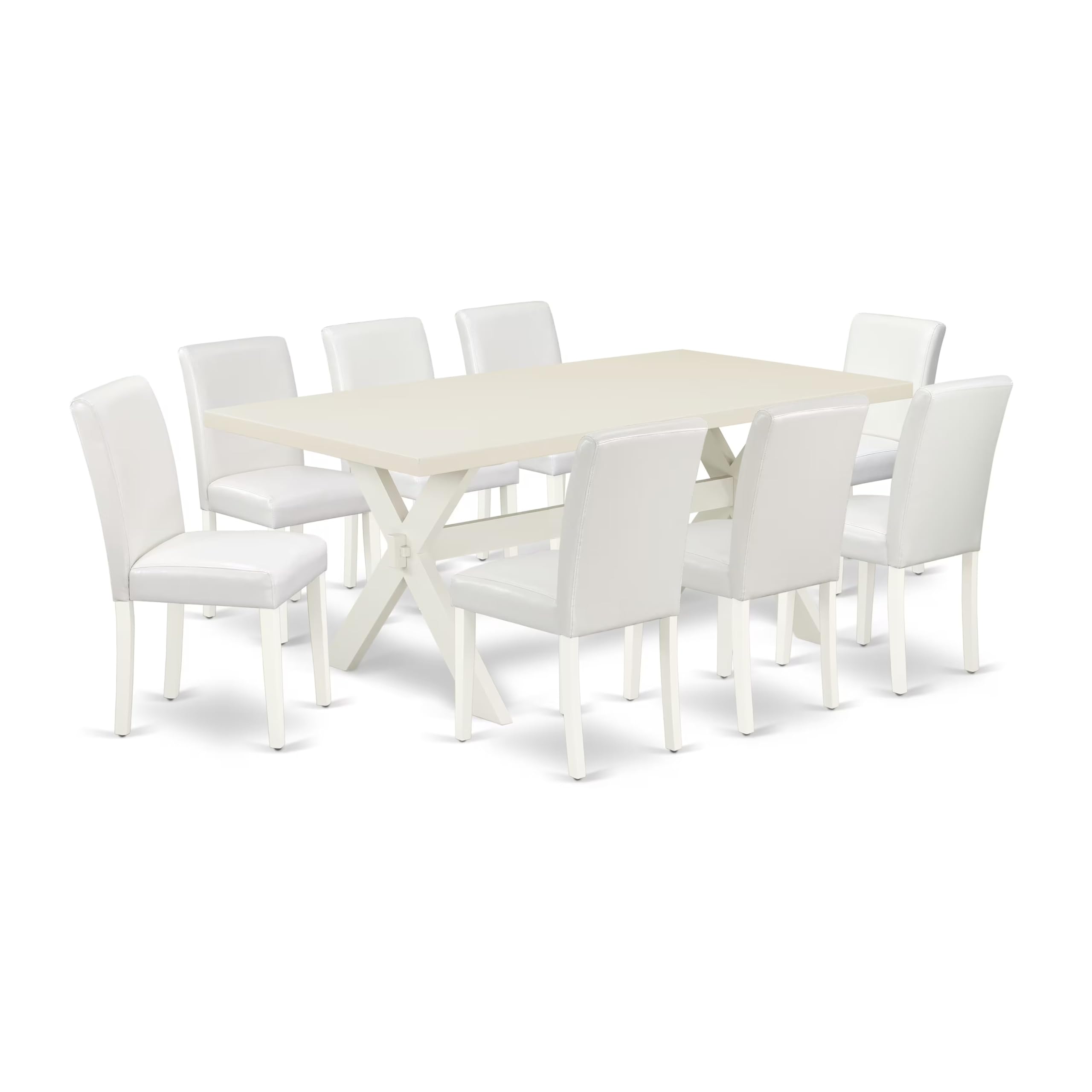 East West Furniture X027Ab264-9 9 Piece Dining Set Includes A Rectangle Dining Room Table With X-Legs And 8 White Faux Leather Upholstered Parson Chairs, 40X72 Inch, Multi-Color