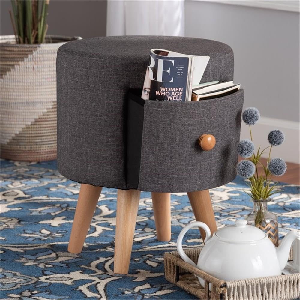 Baxton Studio Rocco Modern Transitional Dark Grey Fabric Upholstered and Oak Brown Finished Wood 1-Drawer Ottoman Stool
