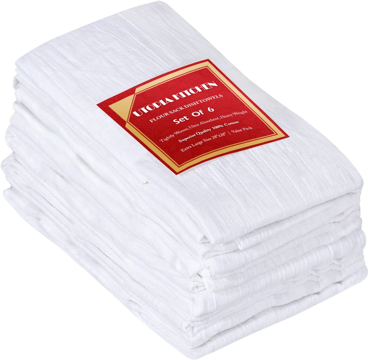 Utopia Kitchen 6 Pack Flour Sack Tea Towels, 28 x 28 Ring Spun 100% cotton Dish cloths - Machine Washable - for cleaning & Dryin