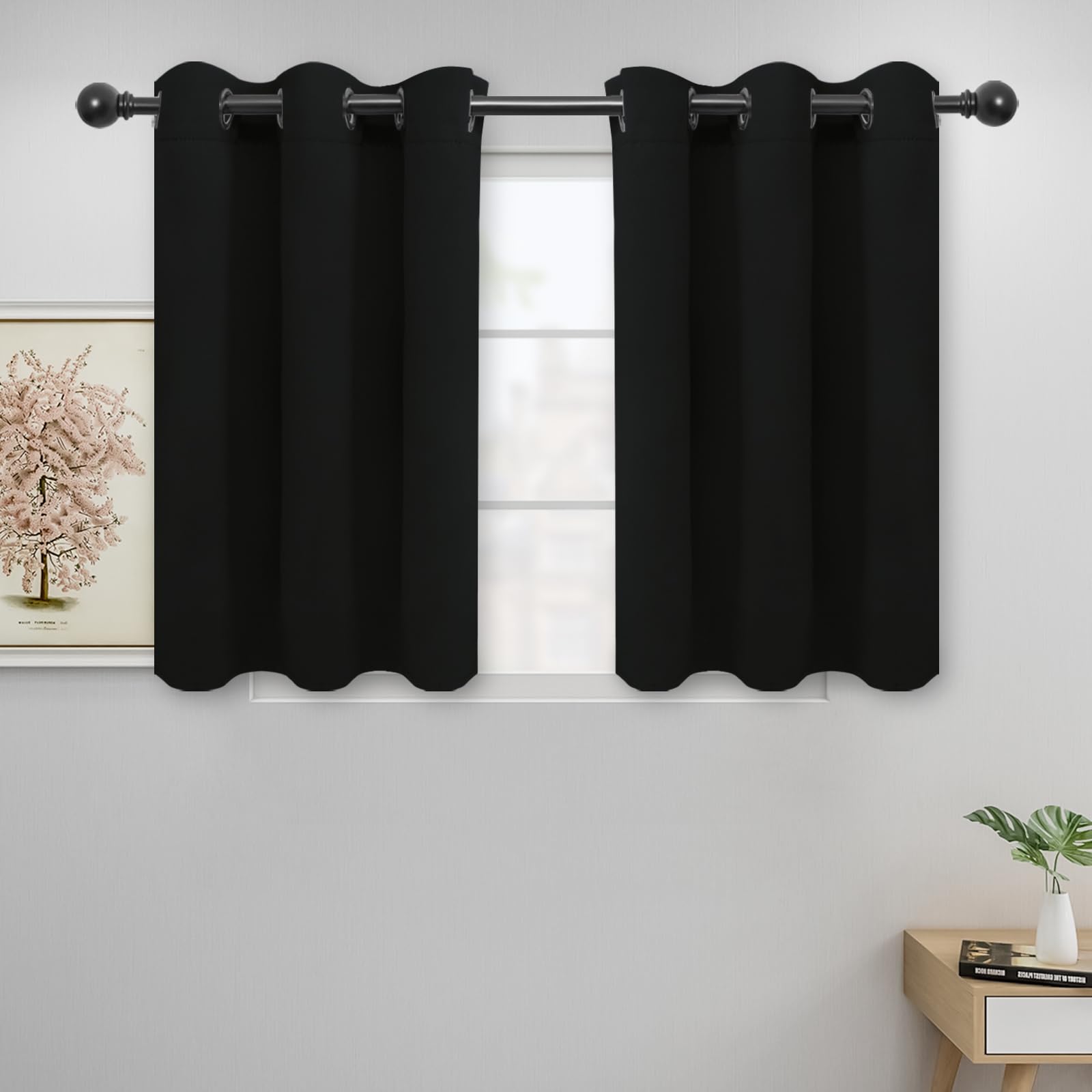 Easy-Going Blackout Curtains For Bedroom, Solid Thermal Insulated Grommet And Noise Reduction Window Drapes, Room Darkening Curtains For Living Room, 2 Panels (42X36 In, Black)