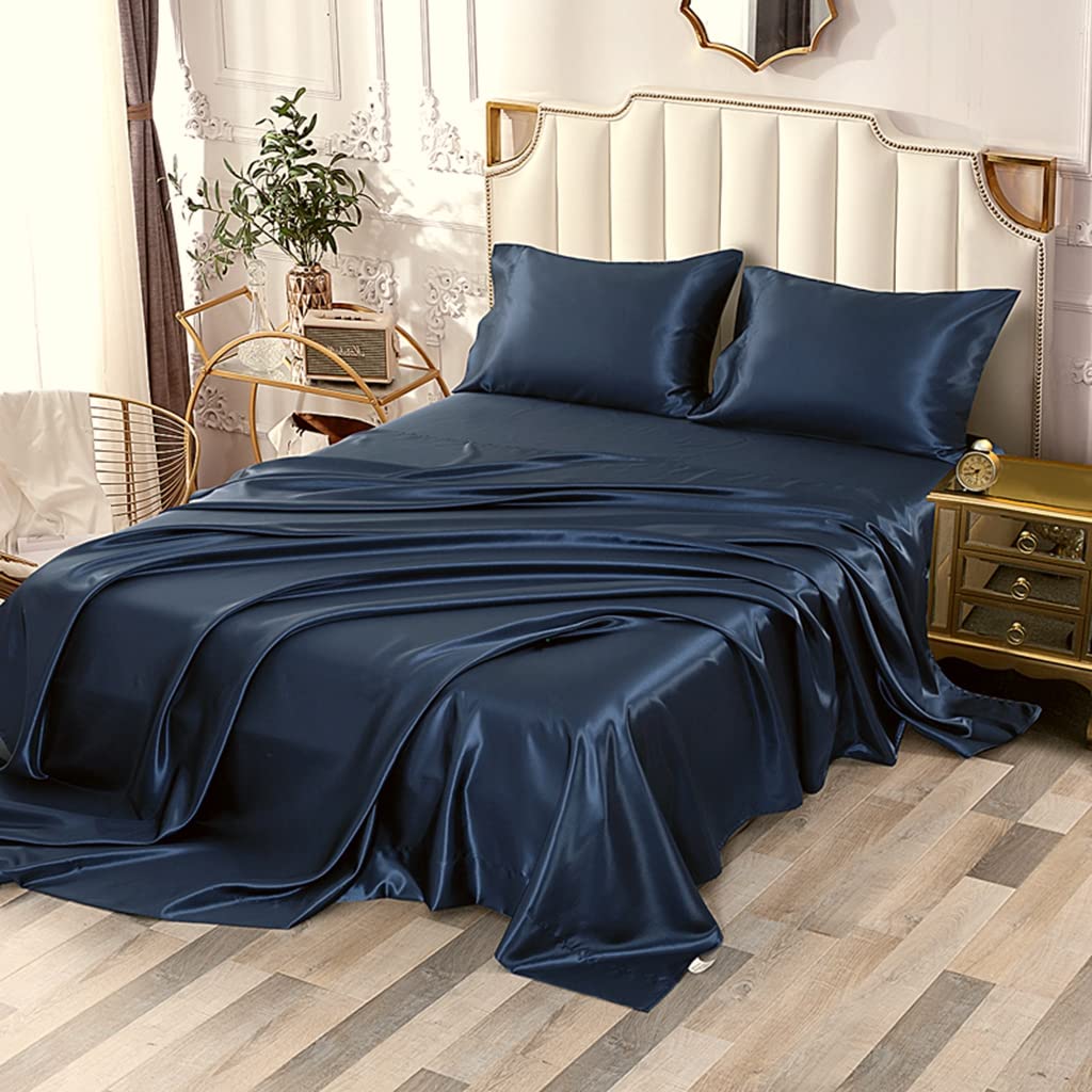 Sfoothome 4Pcs Silky Satin Sheets Set, Full Satin Bed Sheets Set, Navy Blue Satin Bedding Sets, Breathable Soft Sheets Set Inclu