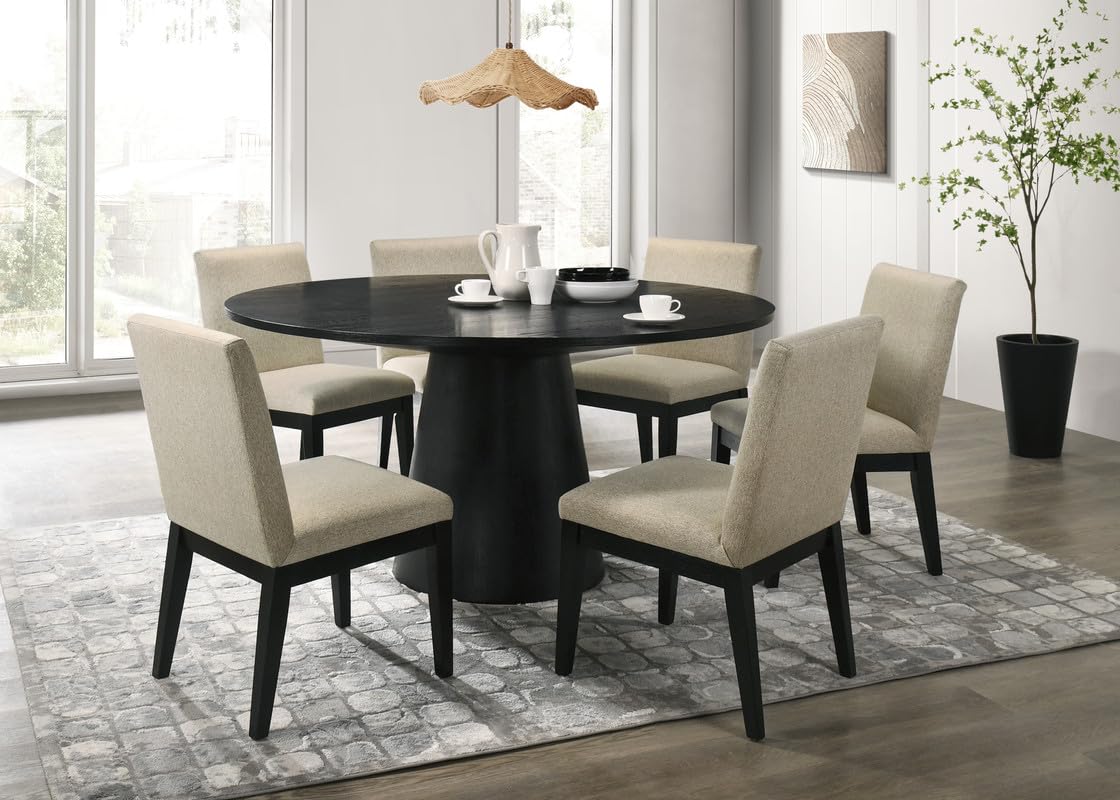 LILOLA LIVING Jasper Ebony Black 7 Piece 59&quot; W Round Dining Table Set with Beige Fabric Chairs