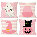 Pandicorn Pink Halloween Pillow Covers 18X18 Set Of 4 Cute Ghost Black Cat Pumpkin Witch Hat Candy Corn Pink Striped Polka Dot F