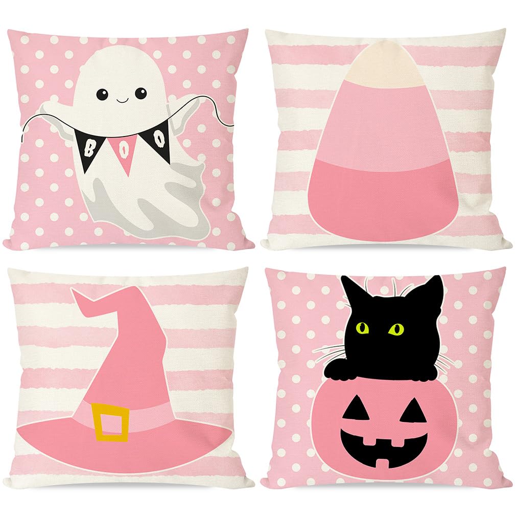 Pandicorn Pink Halloween Pillow Covers 18X18 Set Of 4 Cute Ghost Black Cat Pumpkin Witch Hat Candy Corn Pink Striped Polka Dot F