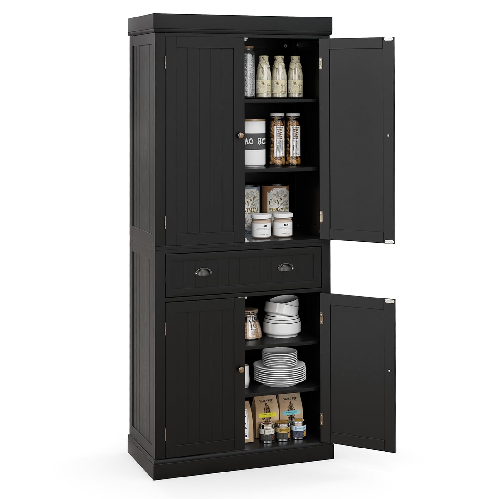 Silkydry 72' Kitchen Pantry Cabinet, Kitchen Cupboard With 2 Double-Doors Cabinet, Large Drawer, 4 Adjustable Shelves, Traditional Tall Storage Cabinets For Dining Room, Bathroom. Black