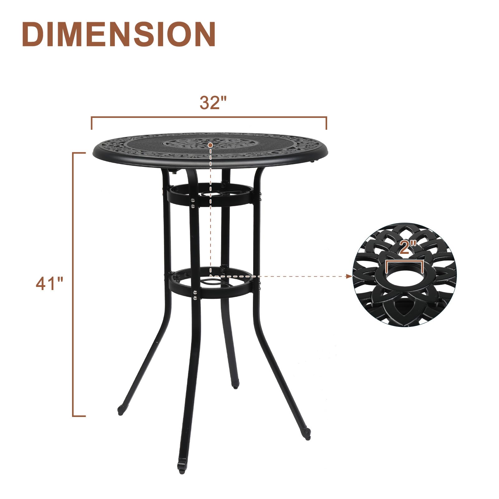 Vingli Outdoor Bar Table, Cast Aluminum Bar Height Patio Table With Umbrella Hole Patio Dining Table, Tall Outdoor Table Bistro Table Outdoor Furniture Garden Table 32' Dia X 41 H (Black)