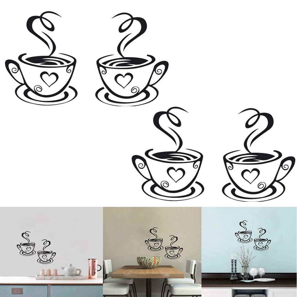 Luckycivia 2 PCS Coffee Tea Cup Art Wall Decal Sticker, Removable DIY Vinyl Mug Decal Wallpaper, Funny Wall Decor for Kitchen Ho