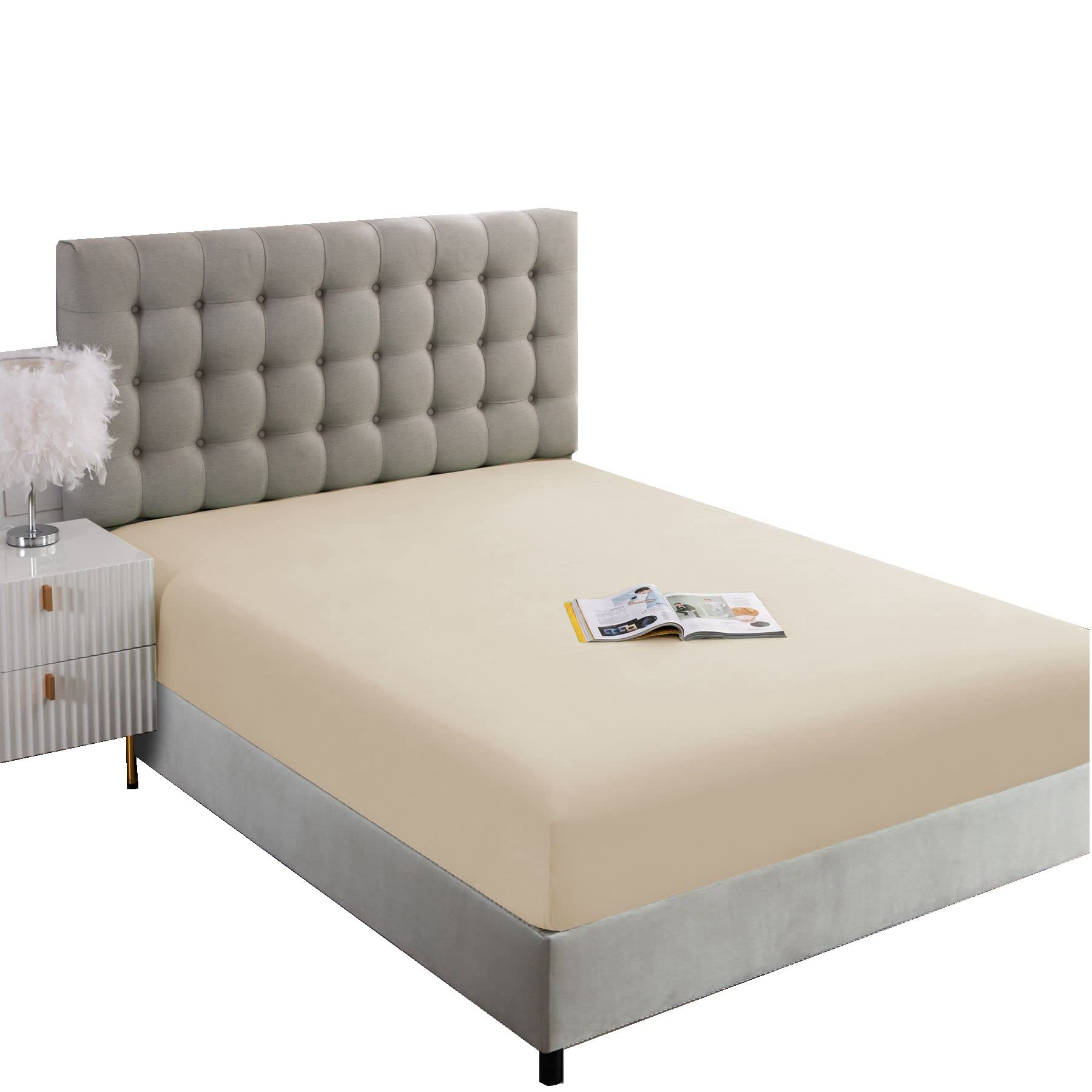 Ghooss Beige Full Fitted Sheet-Soft Microfiber Bottom Sheet For Bed-Deep Pocket Up To 14 Inche-Wrinkle Free And Stay In Place-1