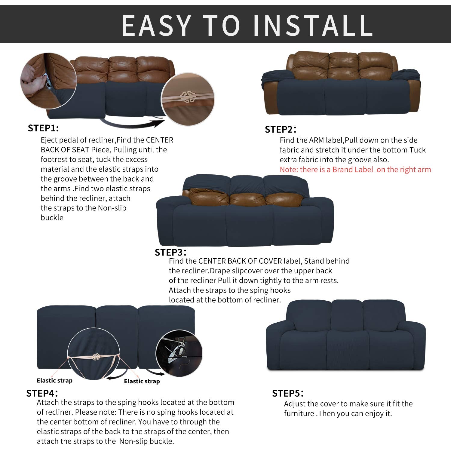 Easy-Going 8 Pieces Recliner Sofa Stretch Sofa Slipcover Sofa Cover Furniture Protector Couch Soft With Elastic Bottom Kids, Spa