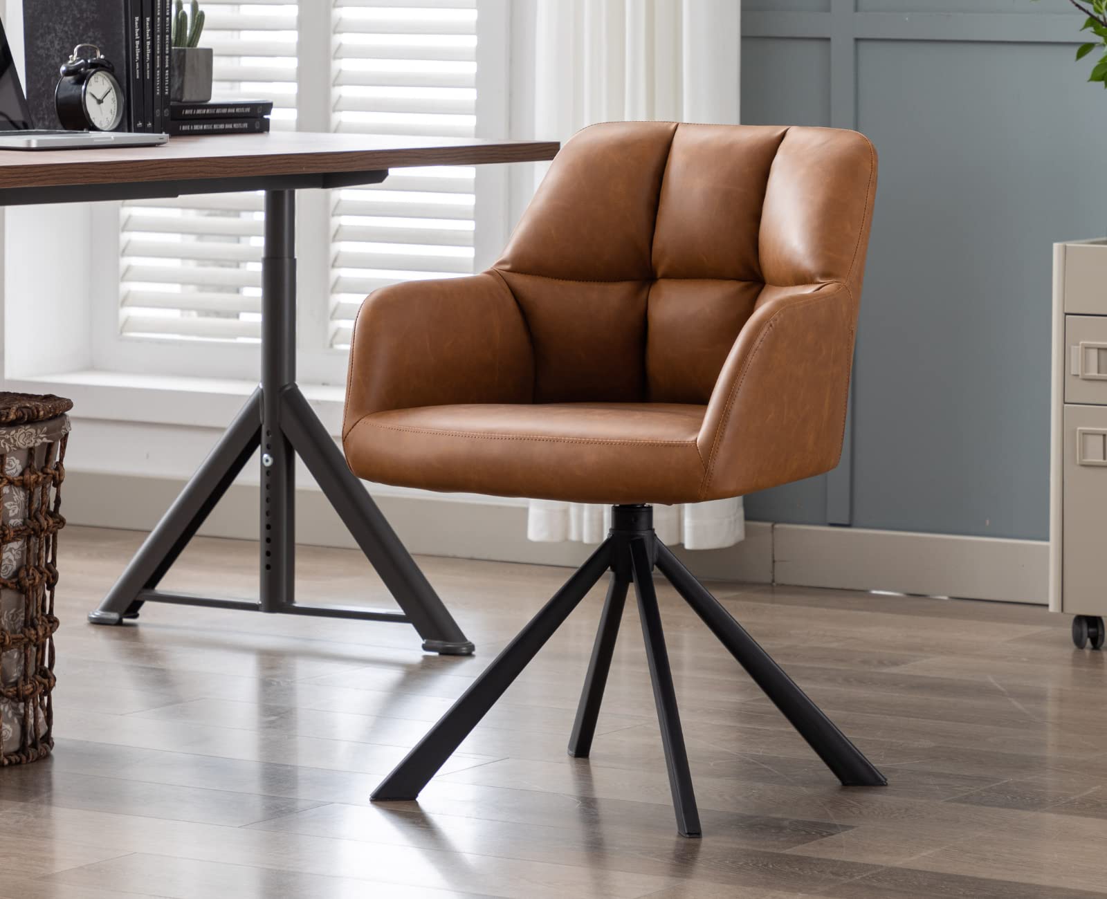 EALSON Comfy Leather Desk Chair Modern Computer Task Chair no Wheels Swivel Accent Chair with Mid Back Arm Chair for Living Room