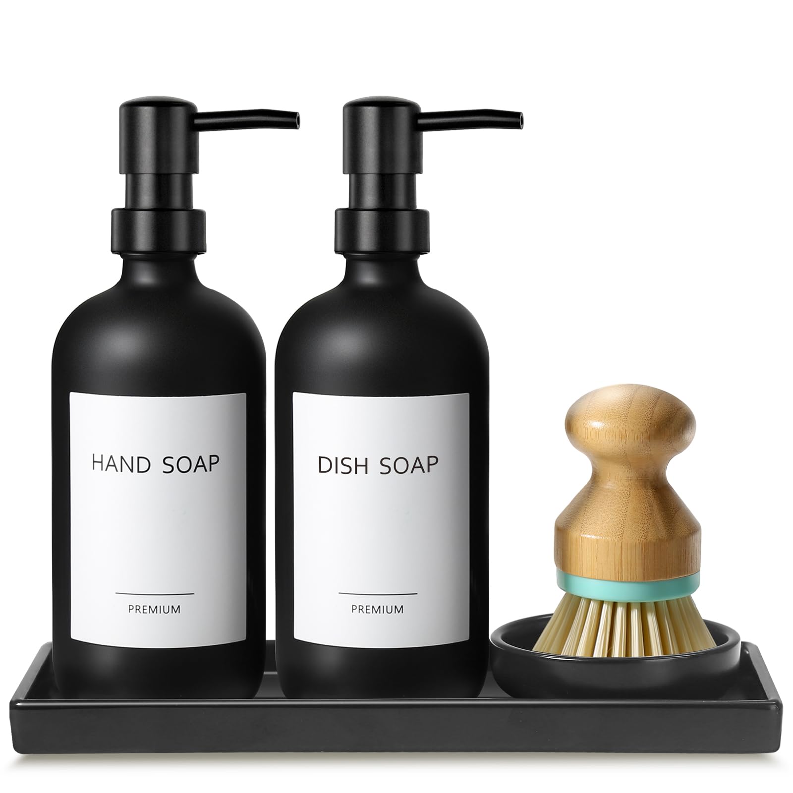 GMISUN Kitchen Soap Dispenser Set, 16 Oz Hand and Dish Soap Dispenser with Ceramic Tray & Bamboo Dish Brush, 2 Pack Matte Black 