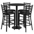 Flash Furniture Jamie 30'' Round Black Laminate Table Set with Round Base and 4 Ladder Back Metal Barstools - Black Vinyl Seat