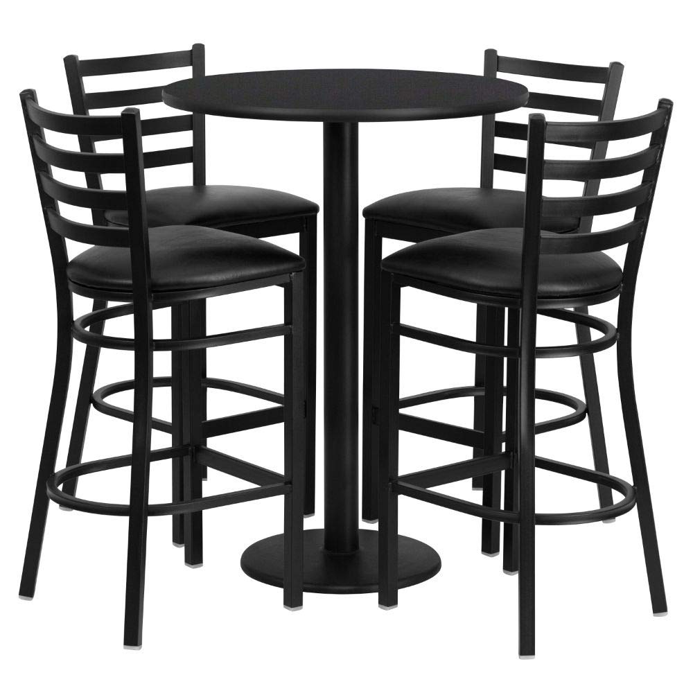 Flash Furniture Jamie 30'' Round Black Laminate Table Set with Round Base and 4 Ladder Back Metal Barstools - Black Vinyl Seat