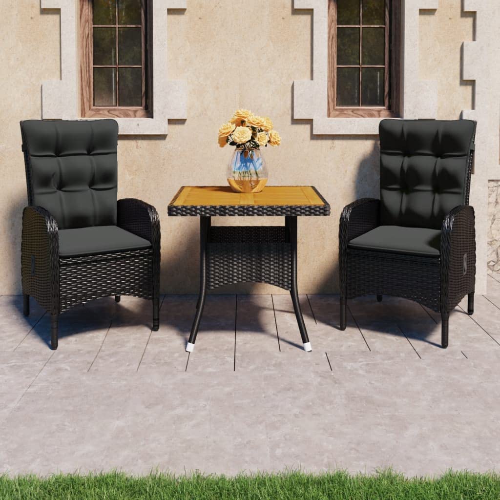vidaXL 3 Piece Patio Dining Set Poly Rattan and Acacia Wood Black
