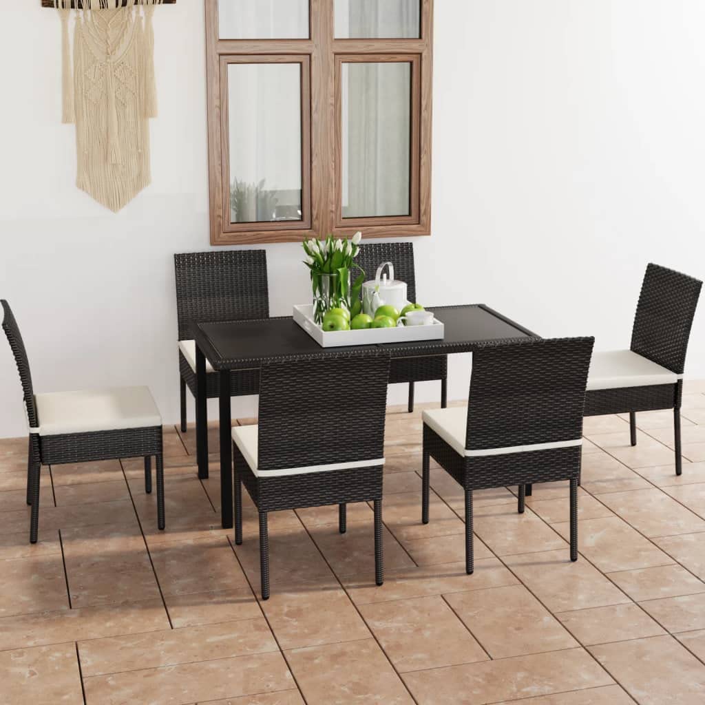 vidaXL 7 Piece Outdoor Patio Dining Set in Black Poly Rattan with Comfortable Seat Cushions, Weather and Water Resistant, Ideal for Garden and Patio