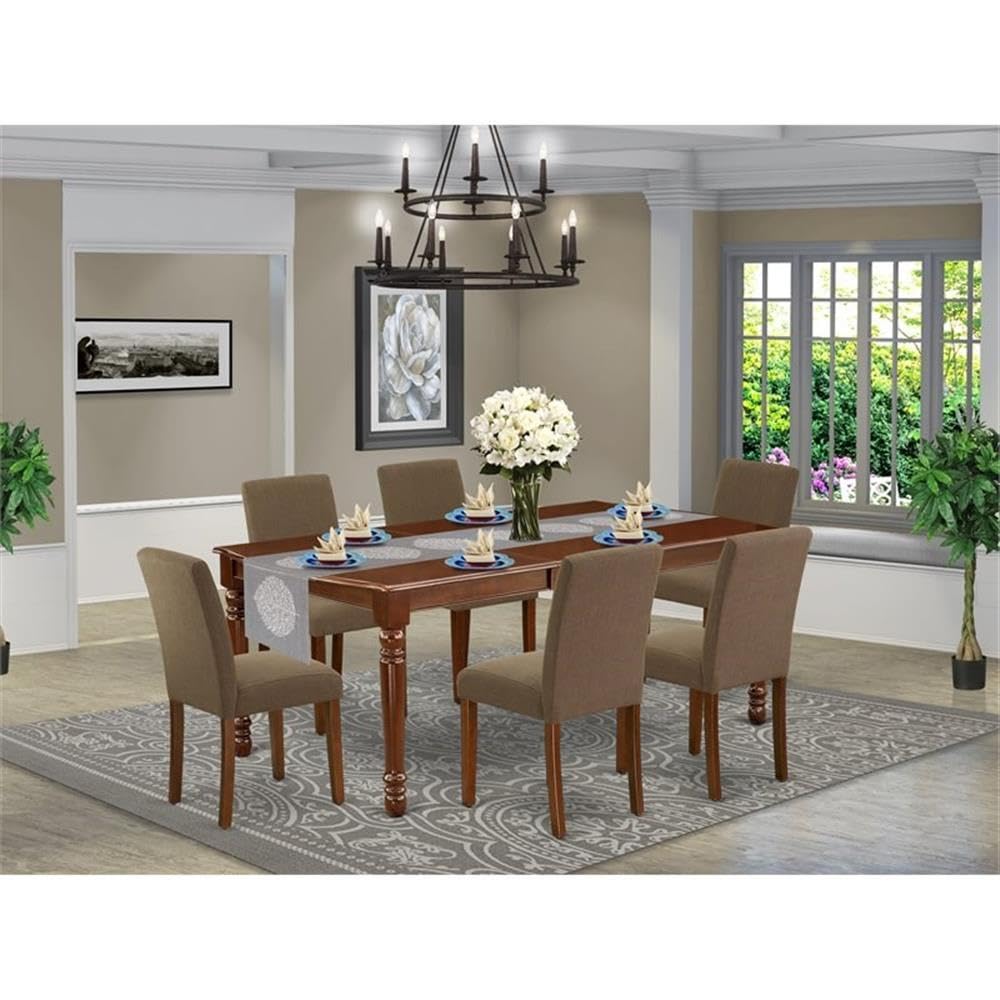 East West Furniture Doab7-Mah-18 7 Piece Dining Set Consist Of A Rectangle Dining Room Table With Butterfly Leaf And 6 Coffee Linen Fabric Upholstered Chairs, 42X78 Inch, Mahogany