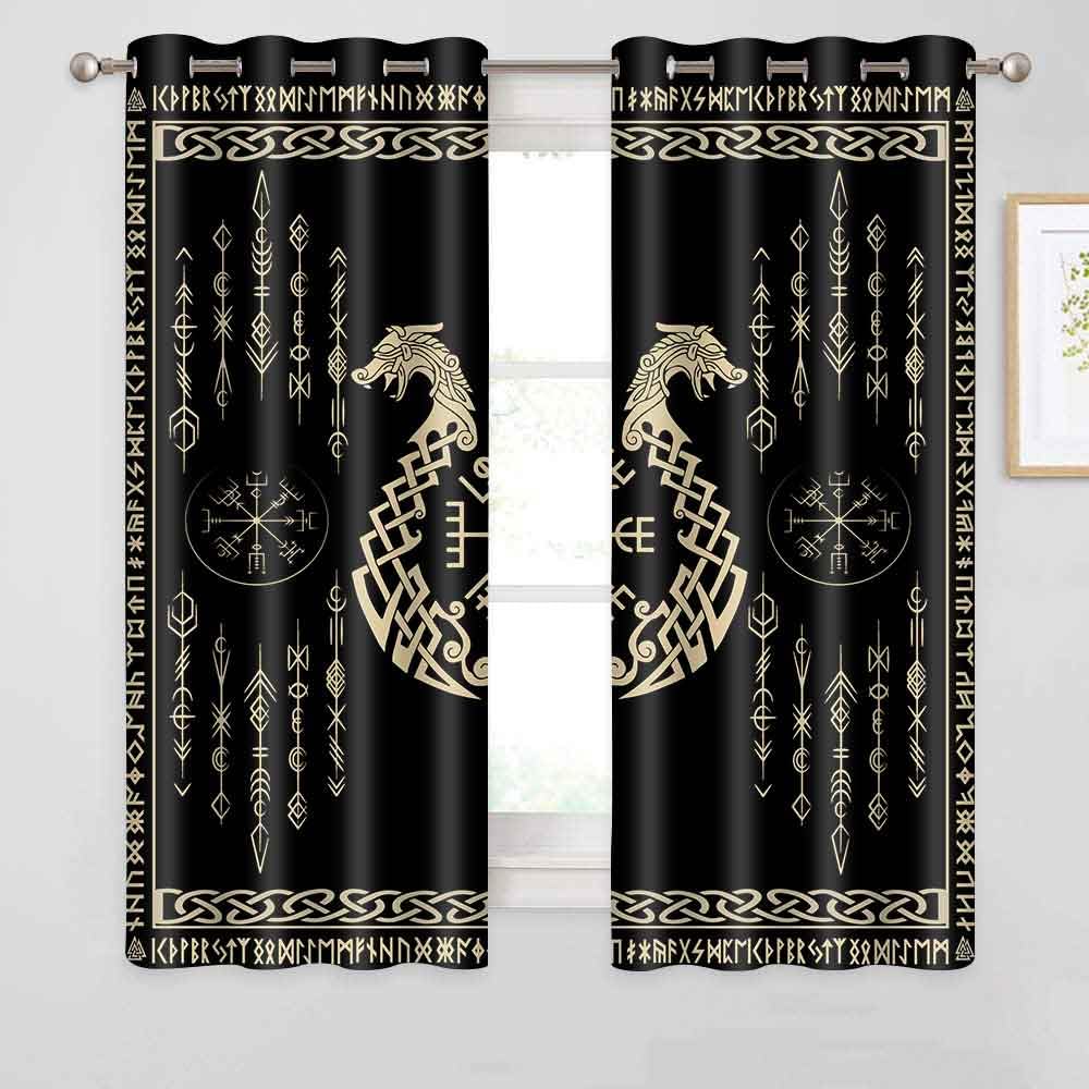 Bsppti Nordic Vikings Print Curtain, Vegvsir Symbol Twins Dragons Curtains Room Darkening Thermal Insulated Blackout Window Drap