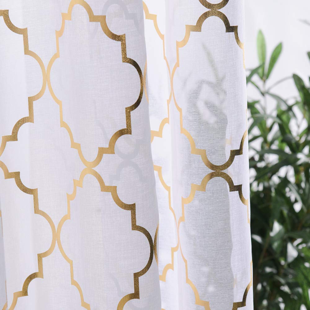 Yj Yanjun Sheer Curtains 72 Inches Long Metallic Print Gold White Curtains For Living Room 52X72 Inch, White Gold