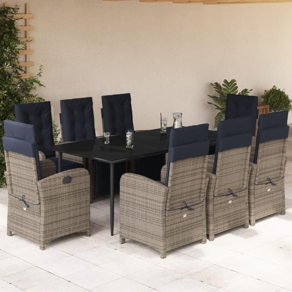 vidaXL 9-Piece Adjustable Poly Rattan Patio Dining Set - Gray with Navy Blue Cushions, Tempered Glass Table, Outdoor/Indoor